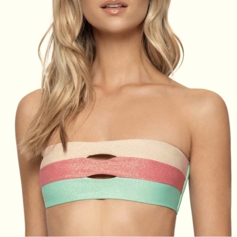 NWT PQ SWIM DIVINE COLOR BLOCK BANDEAU BIKINI TOP SIZE D or XL Shimmer Glitter
